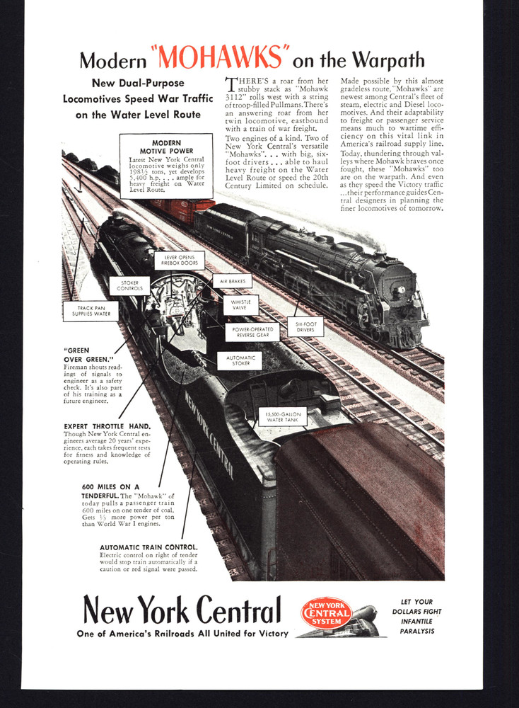 1944 New York Central Mohawks Dual Purpose Locomatives Vintage Print Ad