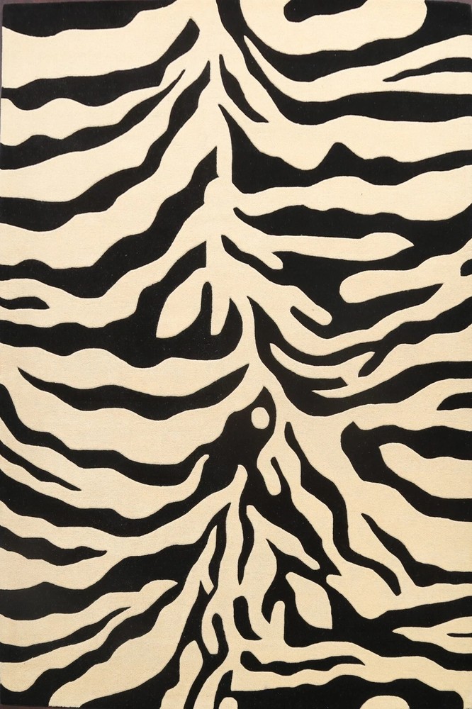 Zebra Animal Print Oriental Area Rug Hand-Tufted Wool Ivory/ Black Modern Carpet