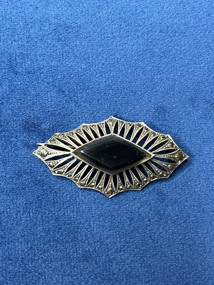 Antique Art Deco Sterling Silver Onyx/Marcasite Pin Brooch Signed HB Germany