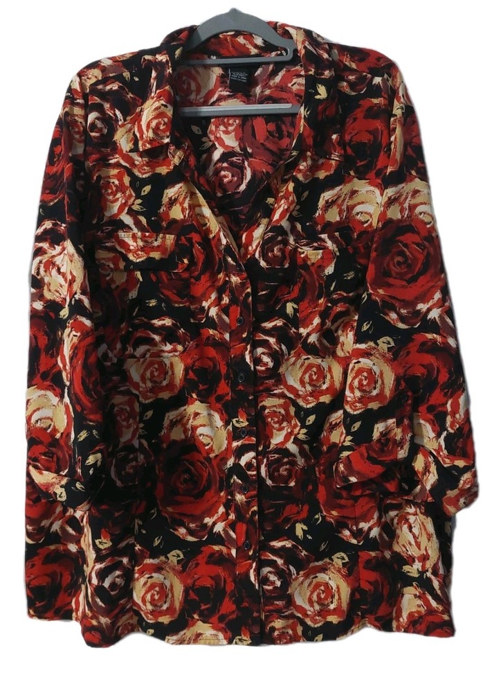 Maggie Barnes Womens Shirt Size 4X Black Orange Floral Button Up Tunic Top