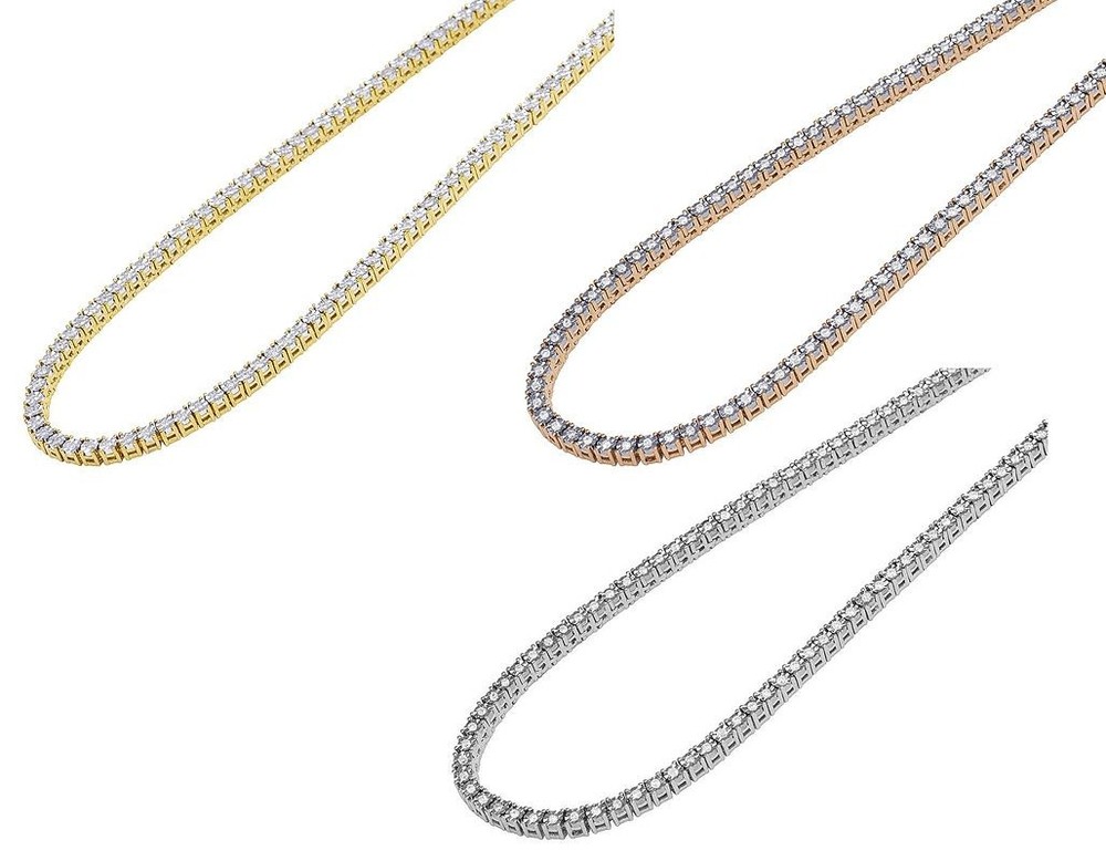 5 Ptr Illusion-Set 9/10 CT Diamond Tennis Necklace 2.5MM 10K Gold 16-24 Inch