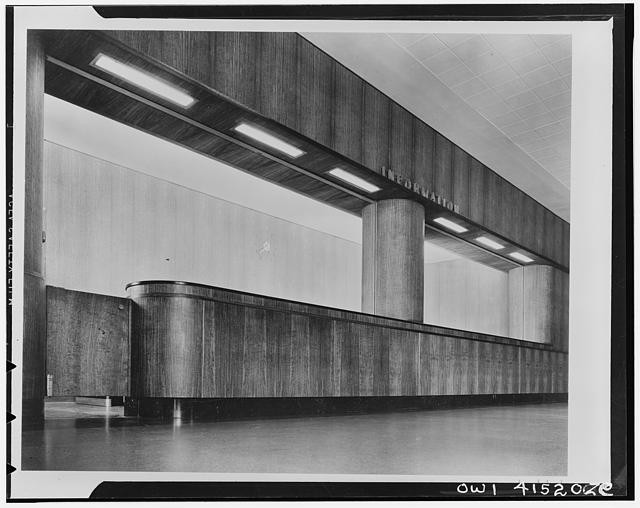 Photo:Infirmation Desk Interior 1960s Modernist Lobby Wood Wall Columns