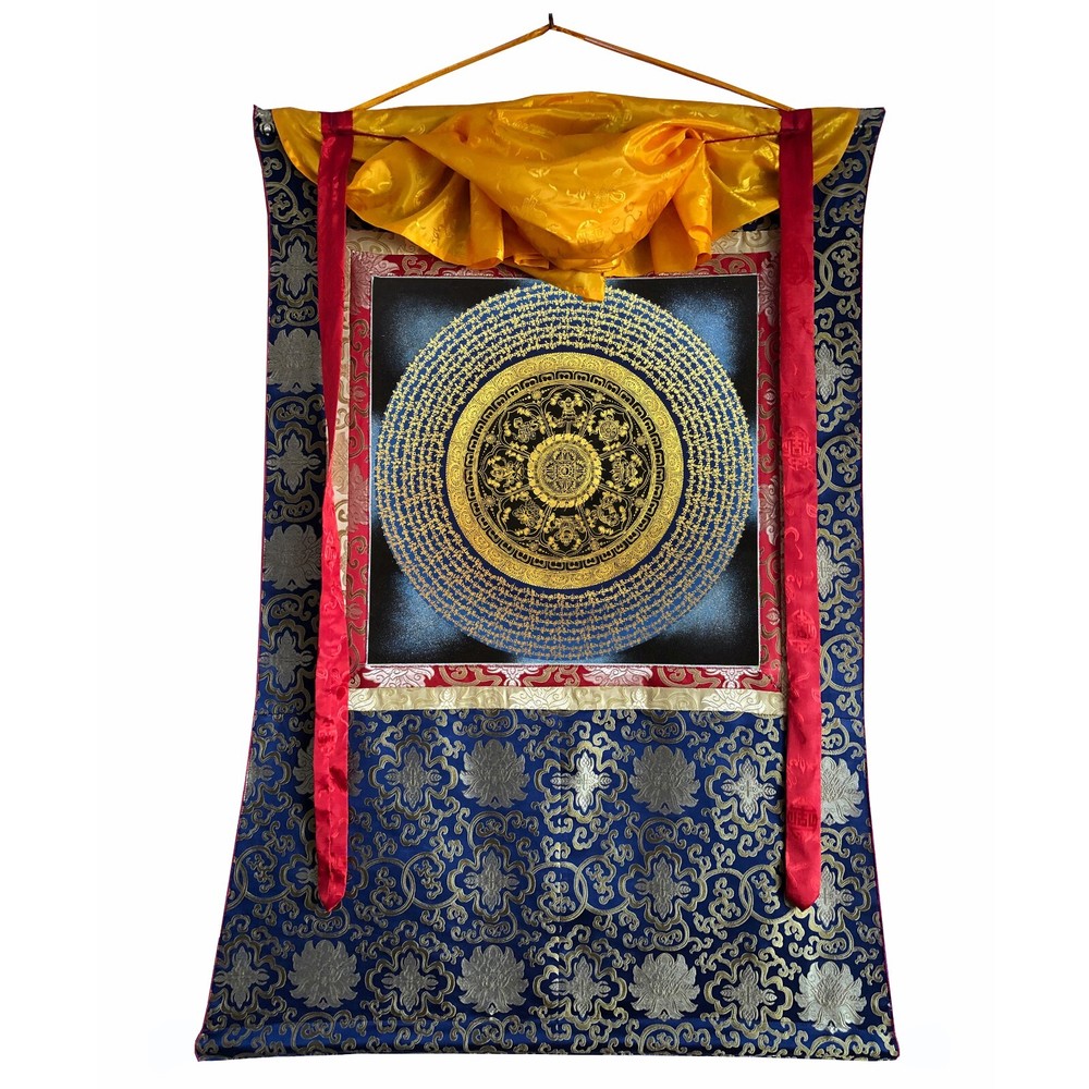 Silk Brocade Mounted Mantra Mandala Thangka Painting, Om Mani Padme Hum Mandala