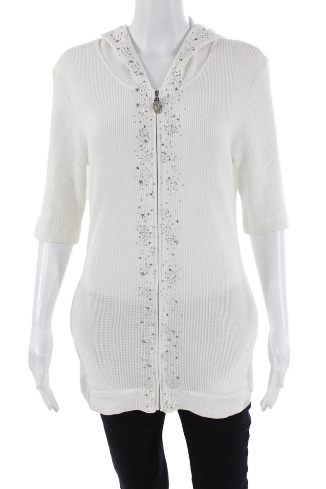 Christine Alexander Womens Front Zip Embellished Waffle Knit Top White LargeFree Shipping in US $100+ Orders | $6.95 Orders Below