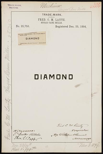 Photo:Fred C M Lautz Diamond Sugar Cane Mills Trademark Registration 1894
