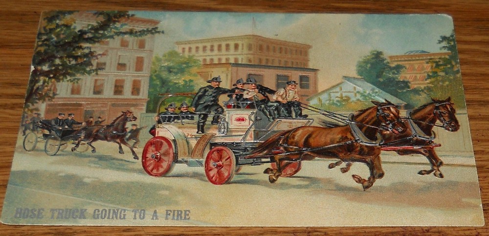 1914 Embossed Hose Truck Going to a Fire Postcard~Horse Drawn T4