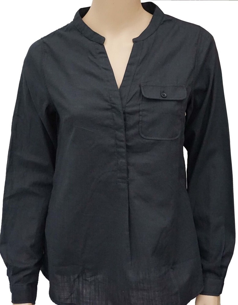 Black Long Sleeve Cotton Pleated Tunic Top Work Blouse Size 14