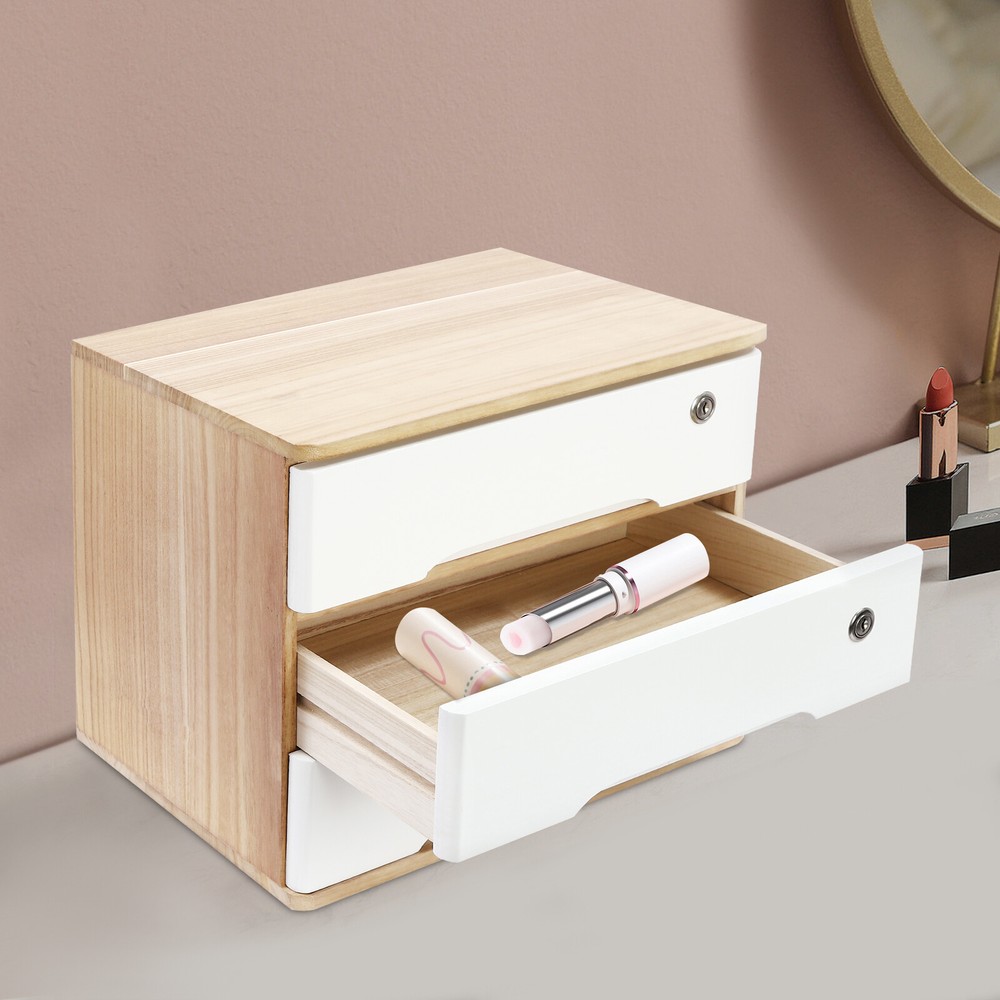 3-tier Wooden Desktop Storage Cabinet w/ Lockable Drawers+6*keys For Home Office