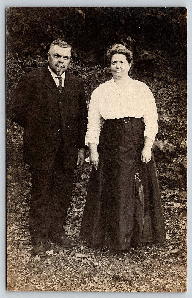 Vintage Real Photo Postcard Old Outdoor Antique Picture Lady Dress Man Suit RPPC