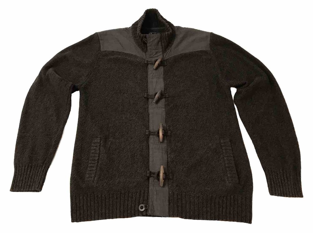 Retrofit Full Zip Chunky Cardigan Sweater Mens Large Gray Brown Toggle & Loops