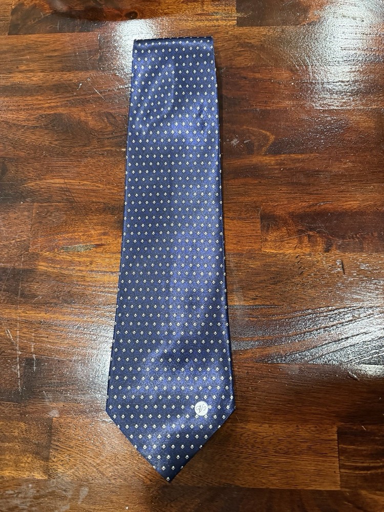 Versace Classic V2 Mens Silk Tie Navy Blue Gold Geometric Bar Pattern Italy