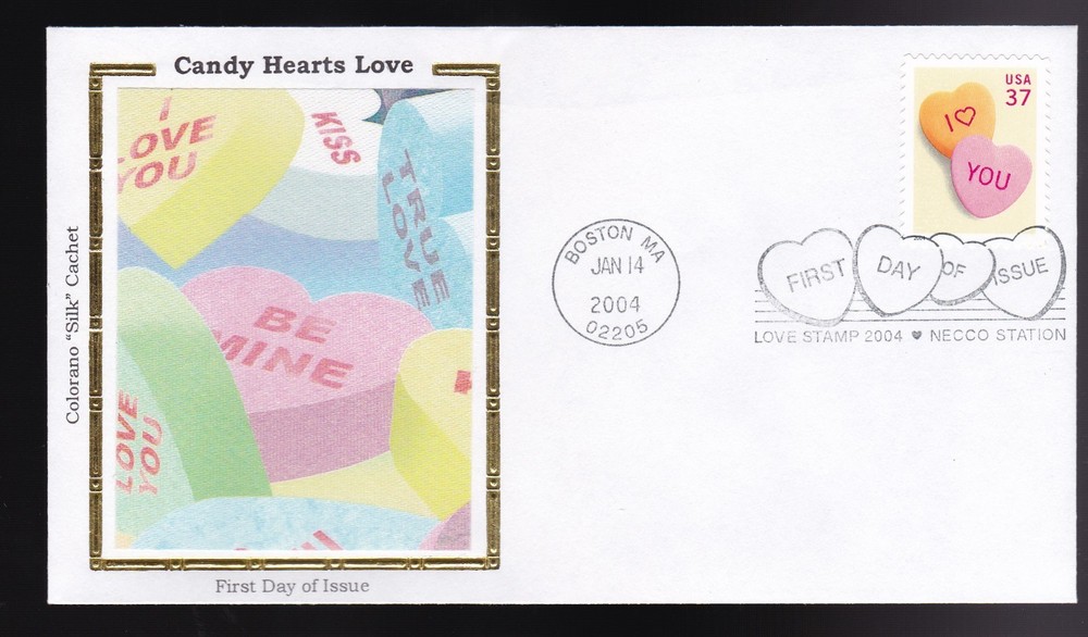 Candy Hearts #3833 Us First Day Cover 2004, Colorano Silk Cachet Fdc