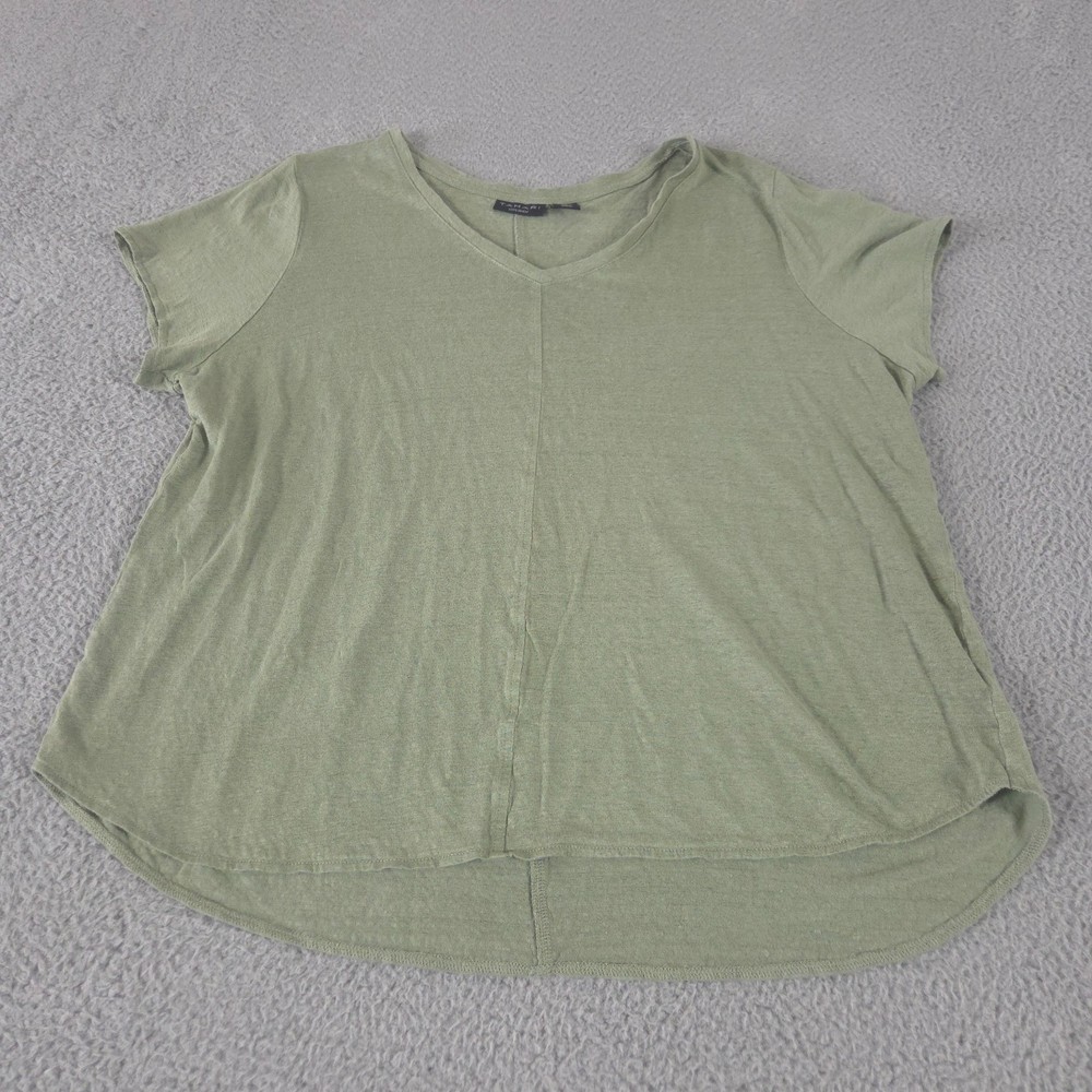 Tahari Shirt Womens 2X Green Tunic Linen V-Neck Top Casual Blouse Beach Office