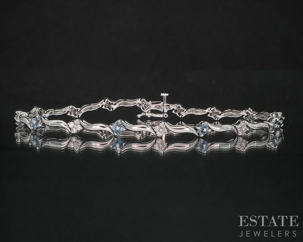 14k White Gold Natural .96ctw Blue & White Diamond Tennis Bracelet 8g i20049