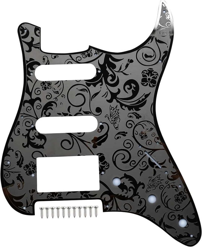 Strat 11 Hole Stainless Steel Engraved Pickguard HSS - Blk, Chr, or Gld