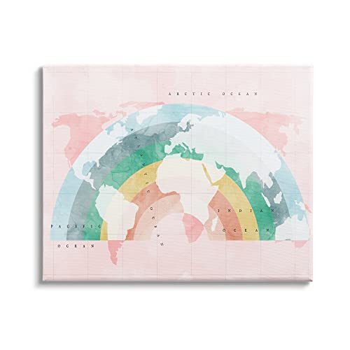 Children's Pink World Map with Modern Rainbow Canvas Wall Art, 20 x 16