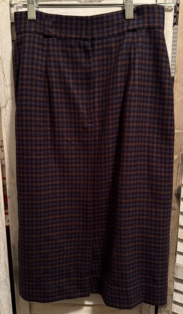VTG Jones New York 100% Wool Plaid Midi Skirt Brown Blue Preppy Academia size 8