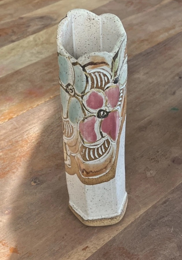 Judy Brater Studio Art Pottery Bud Vase Dogwood Floral Hand Painted Signed 8.5”