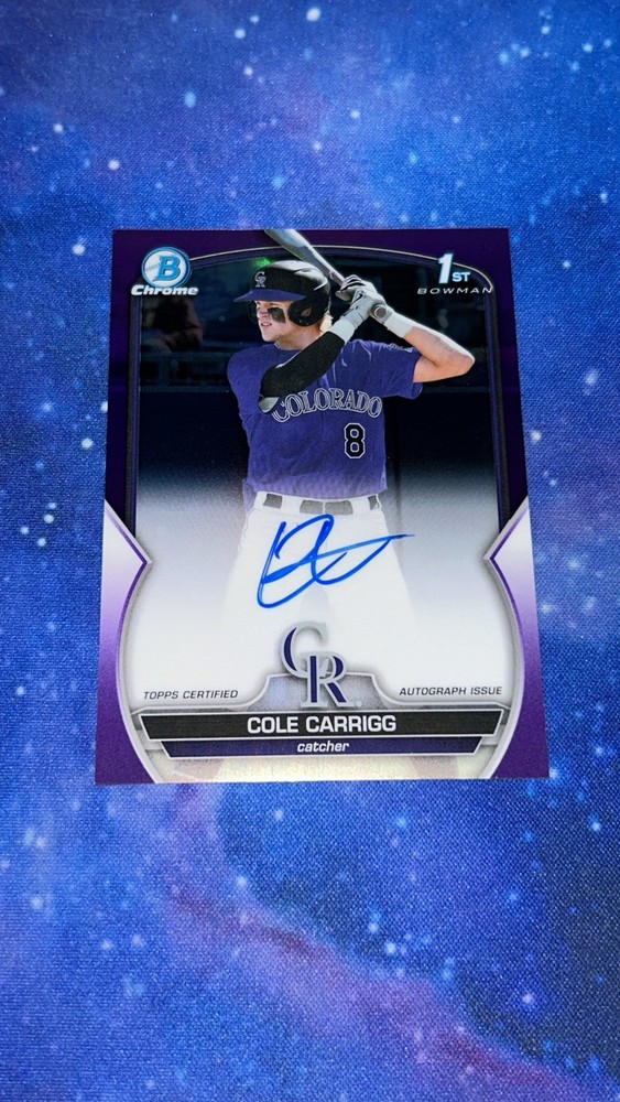 2023 Bowman Draft Cole Carrigg Chrome Auto Purple Refractor 1st /250
