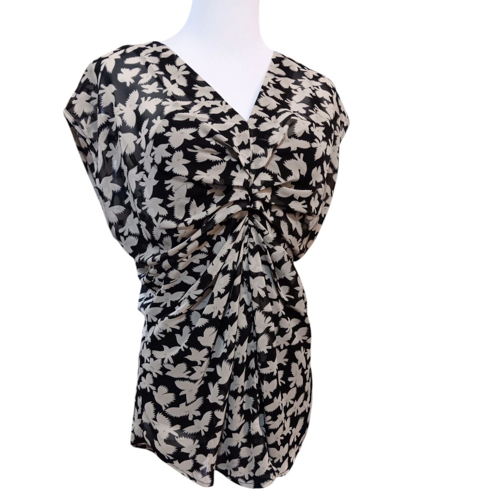 DANIEL RAINN Blouse Top Cinched Waist Blousy Gathers Birds Novelty Boho Coquette