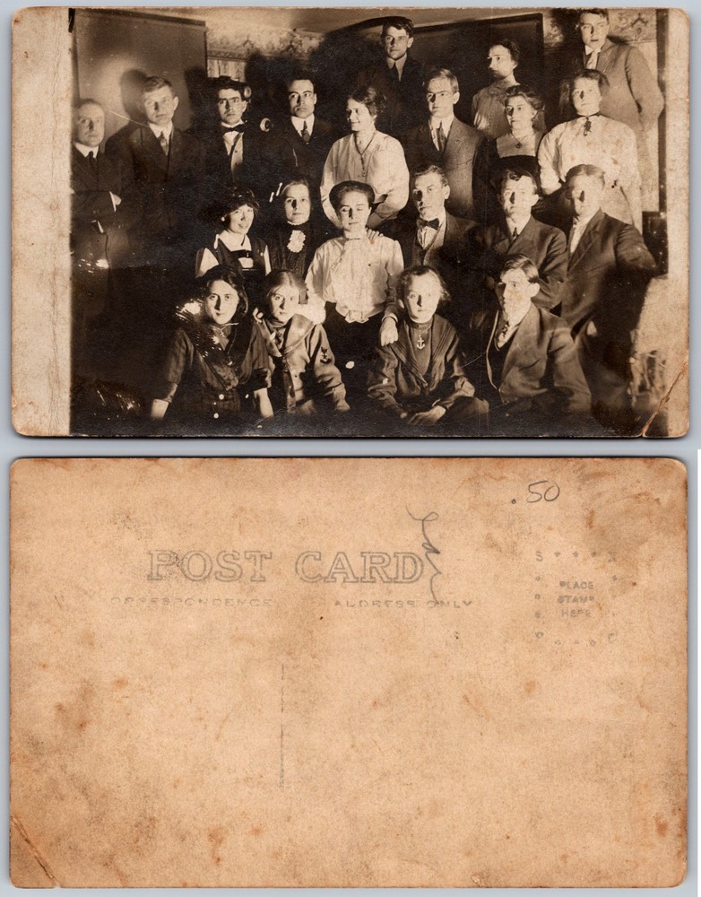 RPPC Edwardian Large Group Portrait Indoors Photo Postcard
