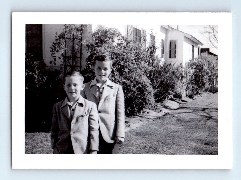Old Vintage Photo PAIR BOYS IN SUIT STANDING OUTSIDE HOUSE ANTIQUE SNAPSHOT
