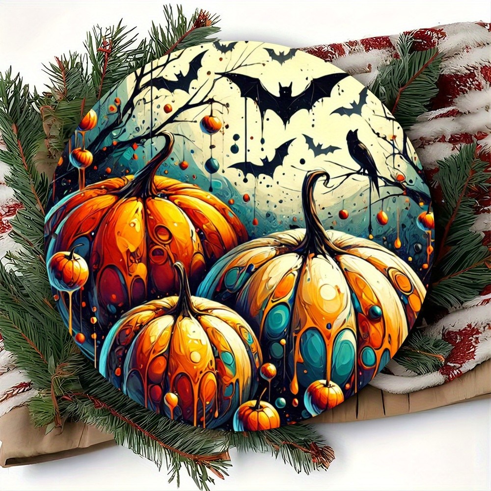 Halloween Wall Decor Spooky Pumpkin Orange Bats Metal Art