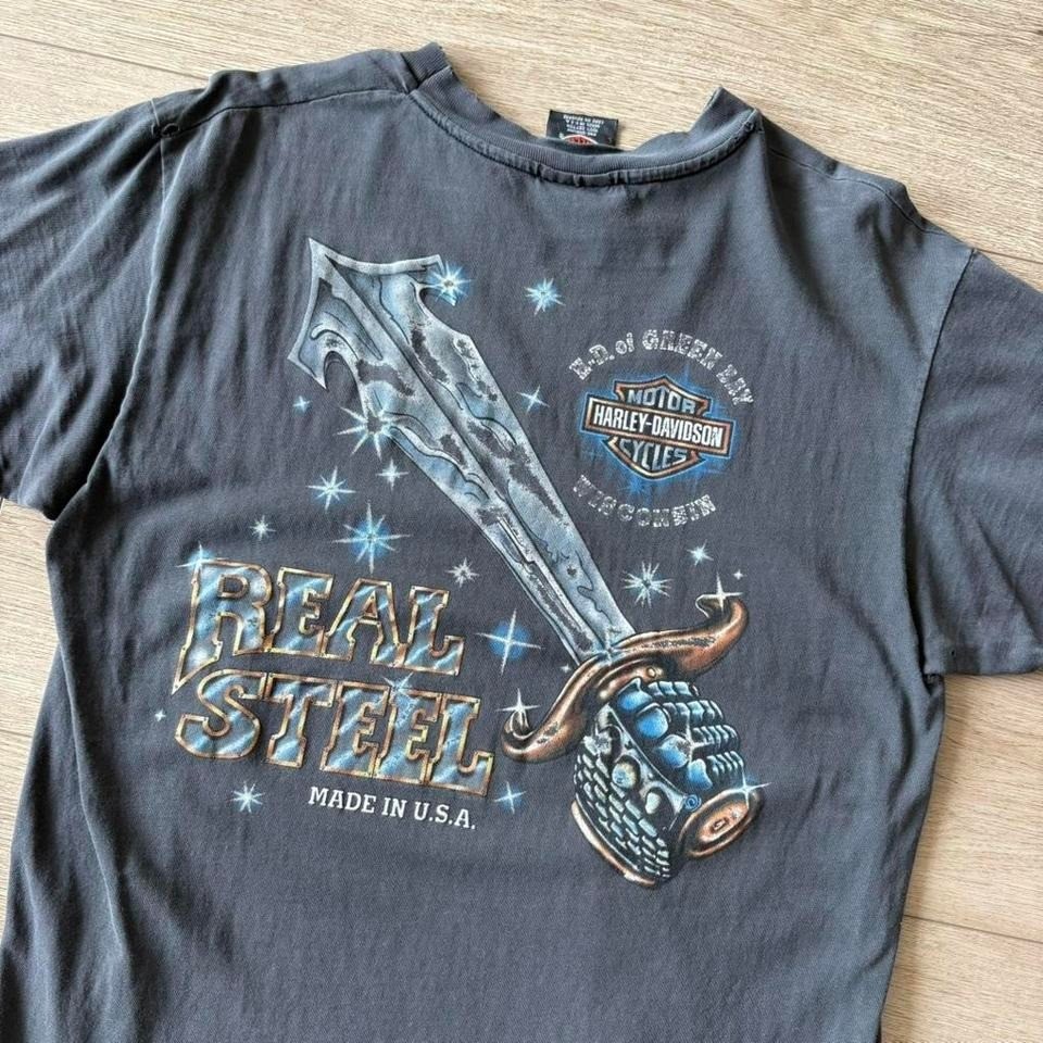 Vintage 90s Harley Davidson Real Steel T Shirt Size L Made in USA Sword Graphic