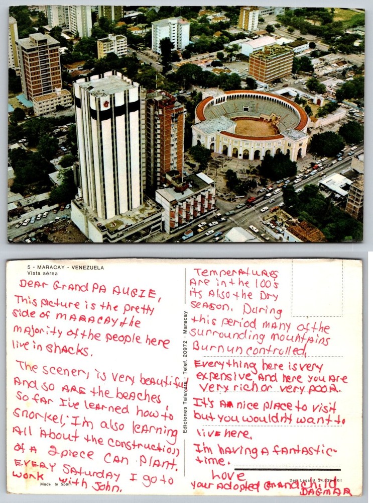 Maracay Venezuela Aerial View Bullring Cityscape Vintage Postcard 1970s