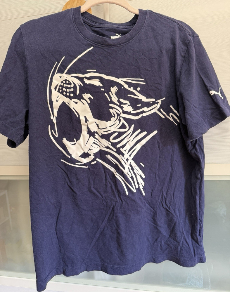 PUMA Men's Blue Knit Crew Neck Short Sleeve Graphic Logo T-Shirt, L Regular