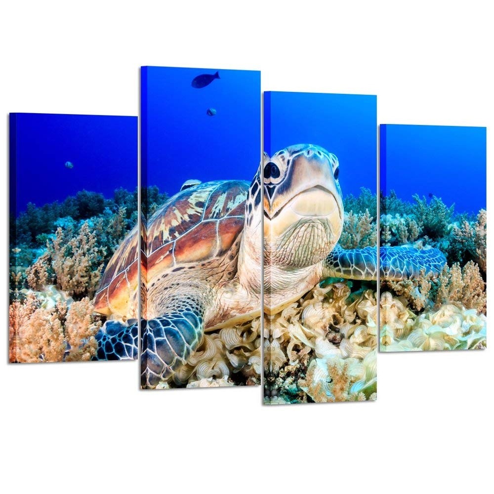 KREATIVE ARTS Large Blue 4 Piece Wall Art Turtle Looking Swim in The Sea Prin...