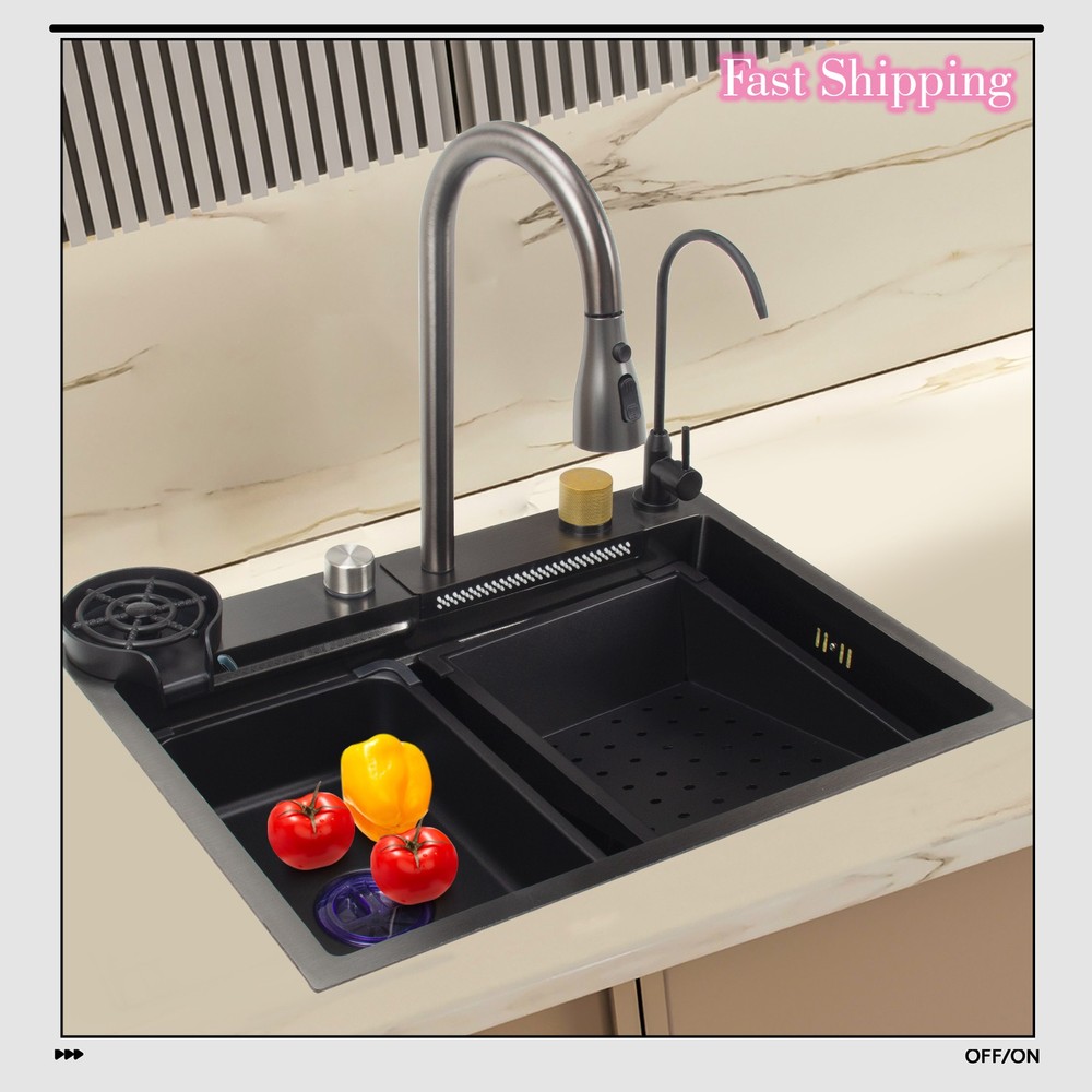 24-Inch Stainless Steel Waterfall Kitchen Sink with Faucet Single Bowl