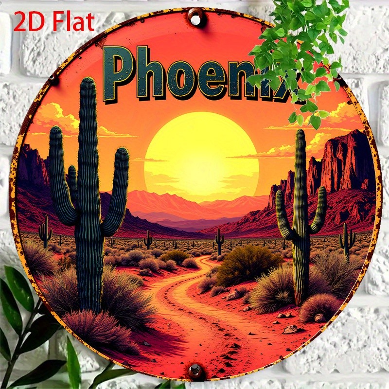 Vintage Phoenix Desert Sunset Metal Wall Art Cactus Landscape