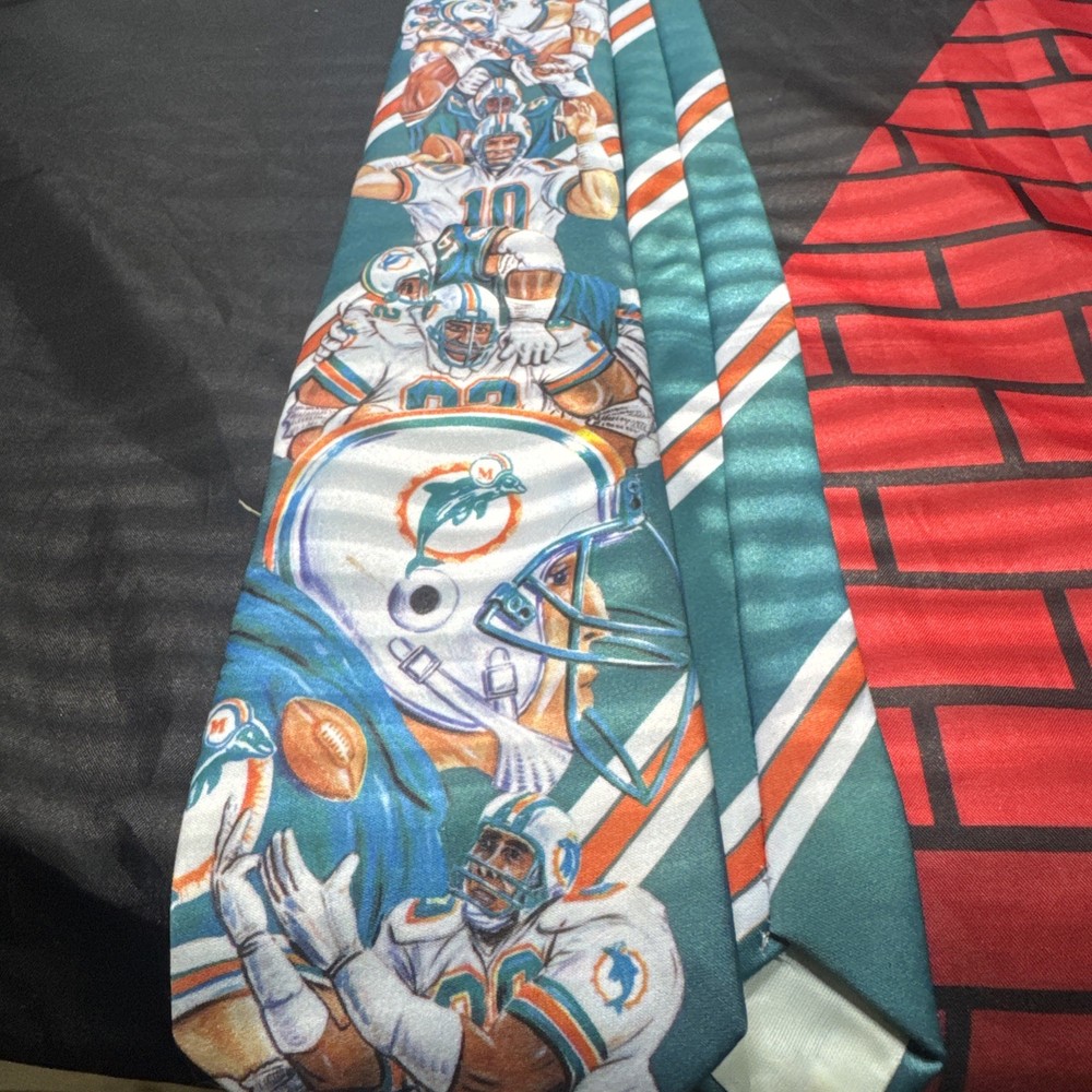 Vintage Ralph Marlin 1990 MIAMI DOLPHINS FOOTBALL Necktie Tie Made In USA