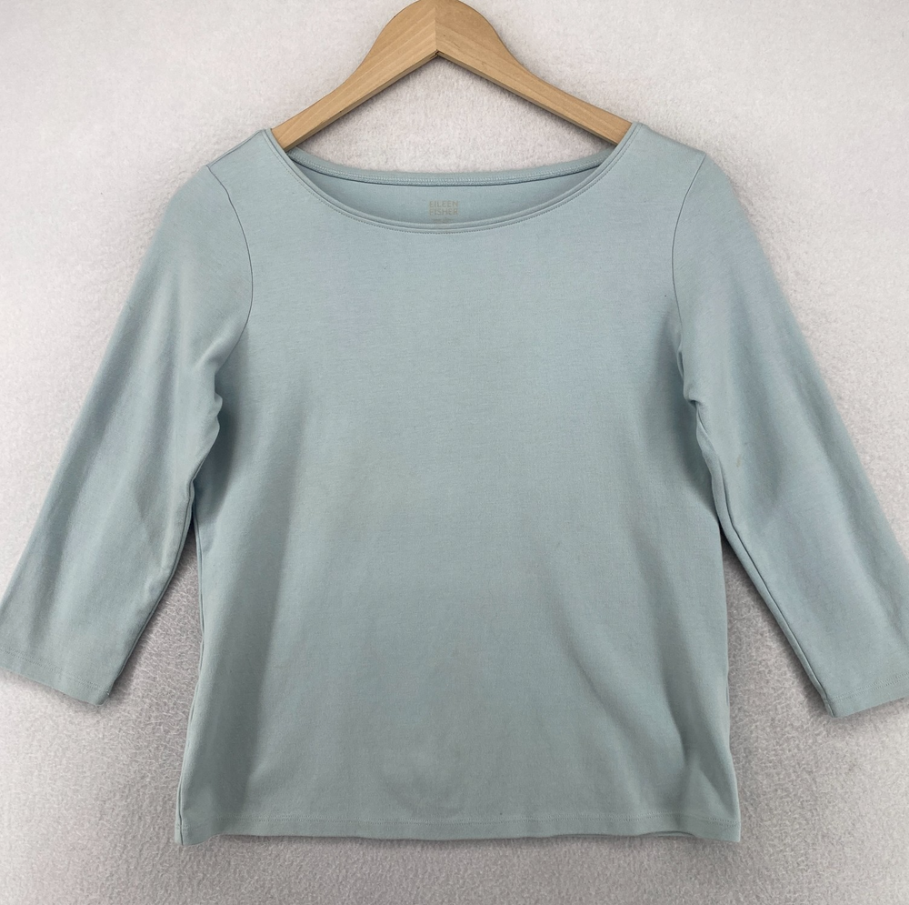 EILEEN FISHER Top S Cotton Interlock Jersey Boat Neck 3/4 Sleeve Light Blue