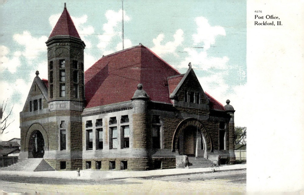 1907 Post Office Rockford Illinois IL Romanesque Style Vintage Postcard