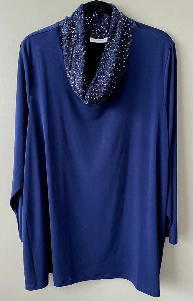 Susan Graver Woman's Liquid Knit Tunic with Sparkle Cowl Neck Size 3XP Navy EXC