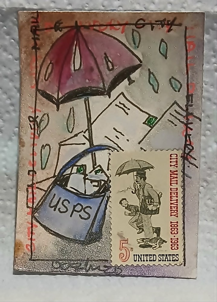 OOAK Postal Whimsy – 5¢ City Mail Delivery Stamp – Abstract Rainy Mail ACEO –
