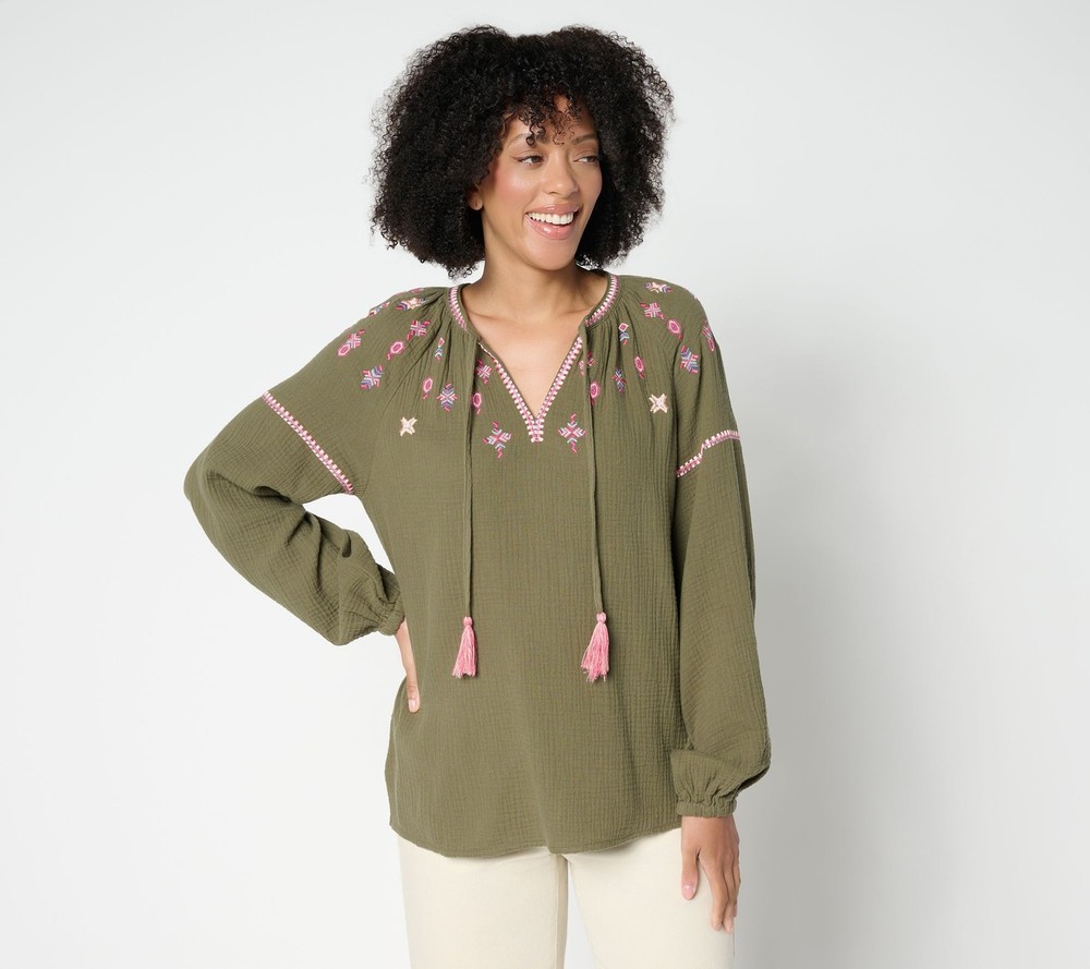 Belle by Kim Gravel Women's Top Sz L Summer Sunset Cotton Gauze Green A691532
