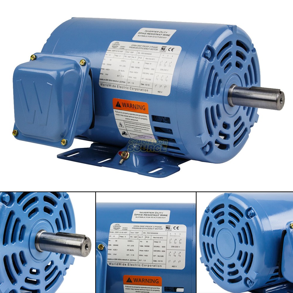 1.5 HP 3 Phase Electric Motor 1800 RPM 145T Frame ODP Open Drip Proof 230/460V