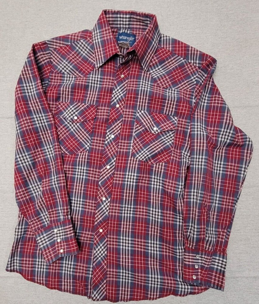 Wrangler Western Pearl Snap Long Sleeve Shirt Men's Size M red/white/blue Plaid