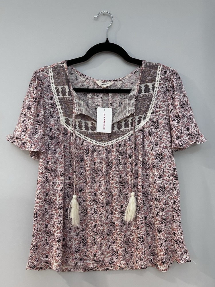 NWT  Lucky Brand Women's Floral Tasseled Square Neck Blouse Pink L