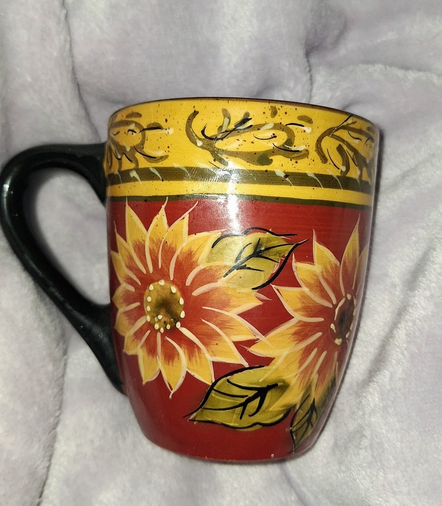 Pier 1 Imports  Terracotta Sunflower Mug Hand-Painted Coffee Cup