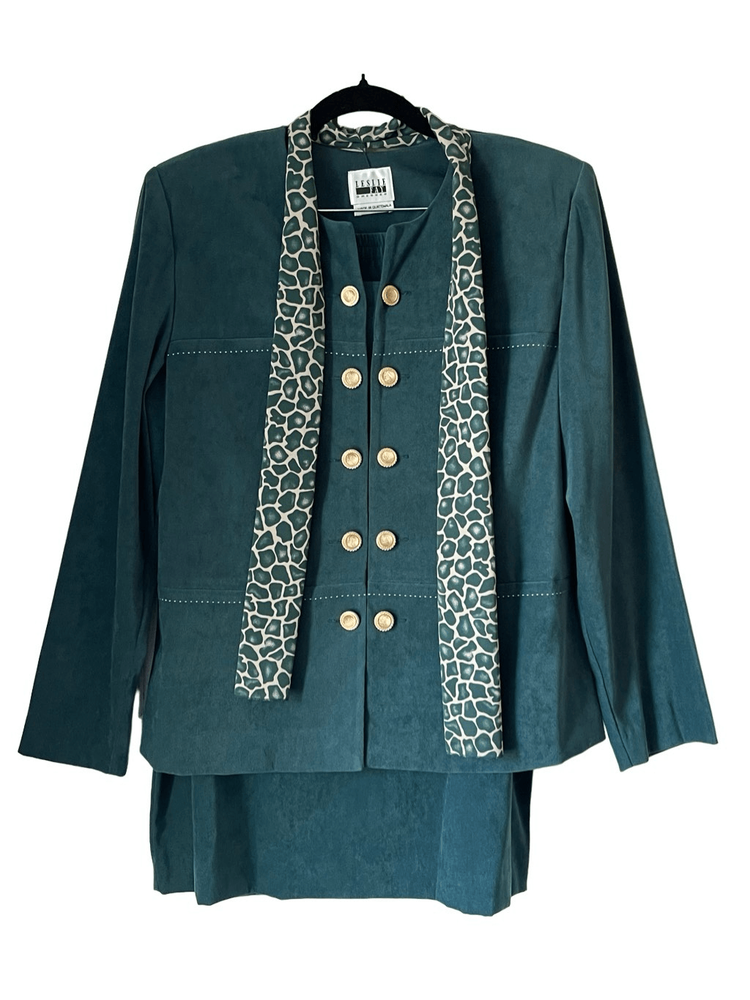 D1 80s Vintage Leslie Fay Green Skirt Suit Set Size 10