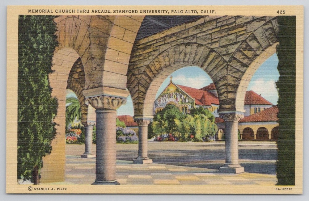 Stanford University Memorial Church Thru Arcade Palo Alto CA Linen Postcard