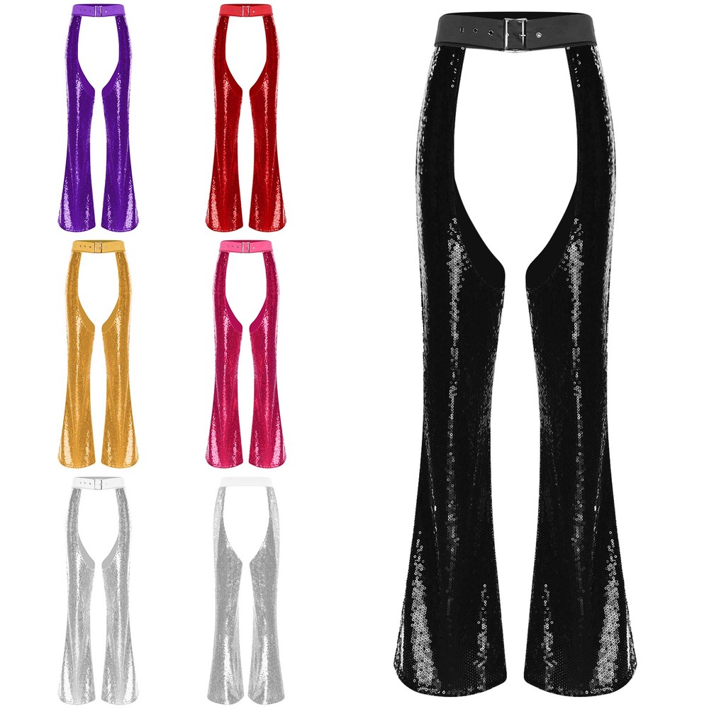 Women's Sequin Shiny Cowgirl Chaps Hollow Out Halloween Pants Trousers Costume