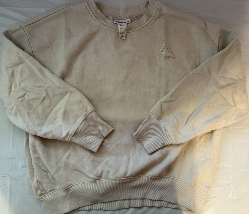 Women's Medium Reebok Relaxed Crew Neck Sweatshirt Pumice Stone Color Logo EUC