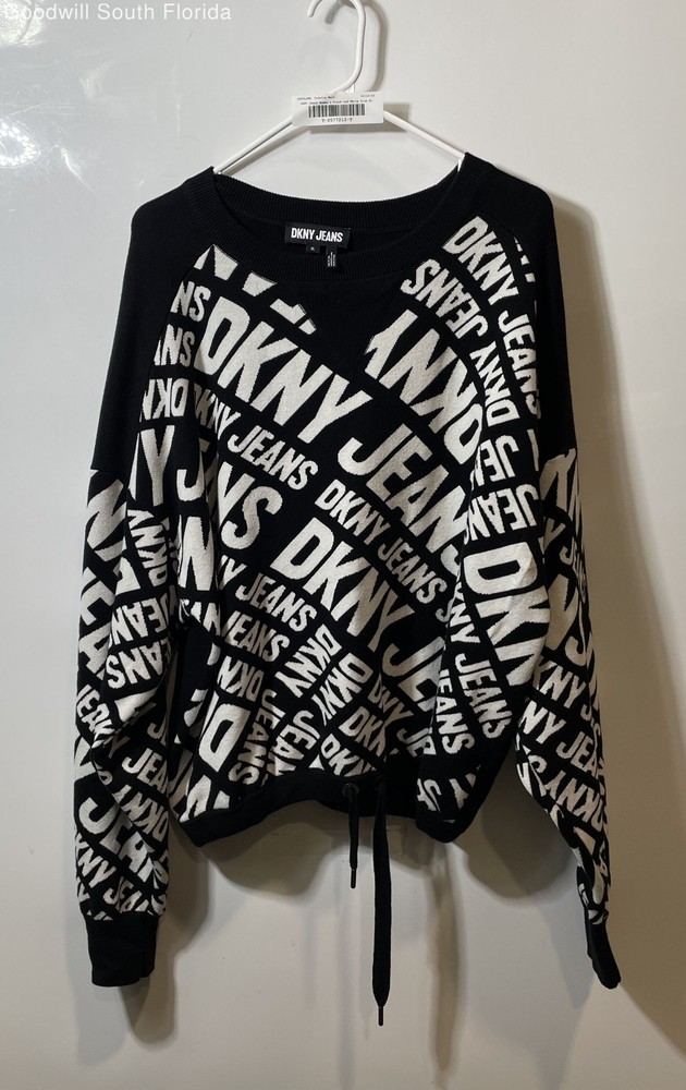 DKNY Jeans Womens Black White Crew Neck Long Sleeve Pullover Sweater Size XL
