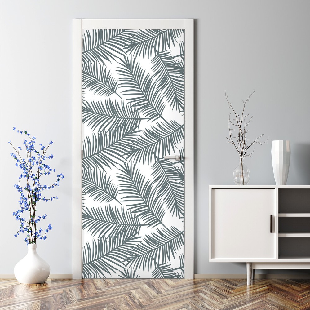 Grey Palm Leaf Removable Door Sticker Black White Adhesive Mural Peel Stick