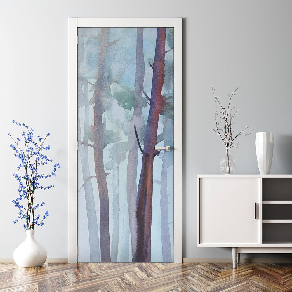 Nature Forest Gloomy Tree Watercolor Adhesive Door Sticker for Kids Room or Nursery